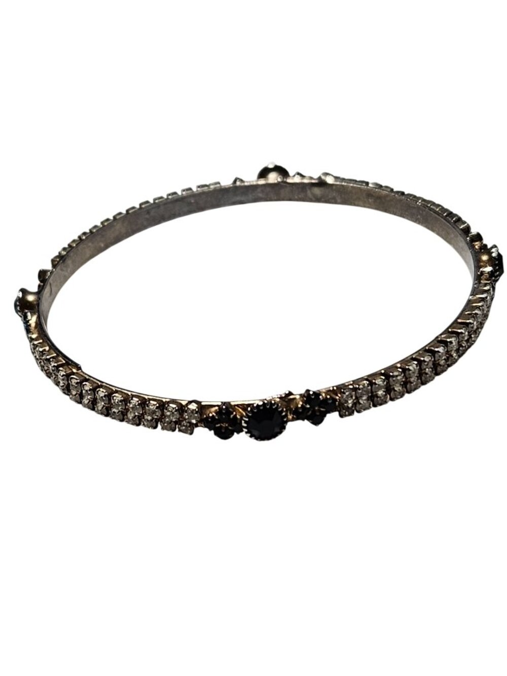 Vintage Bangle Bracelet Rhinestone Black Stone Silver Tone Snap Closure Jewelry